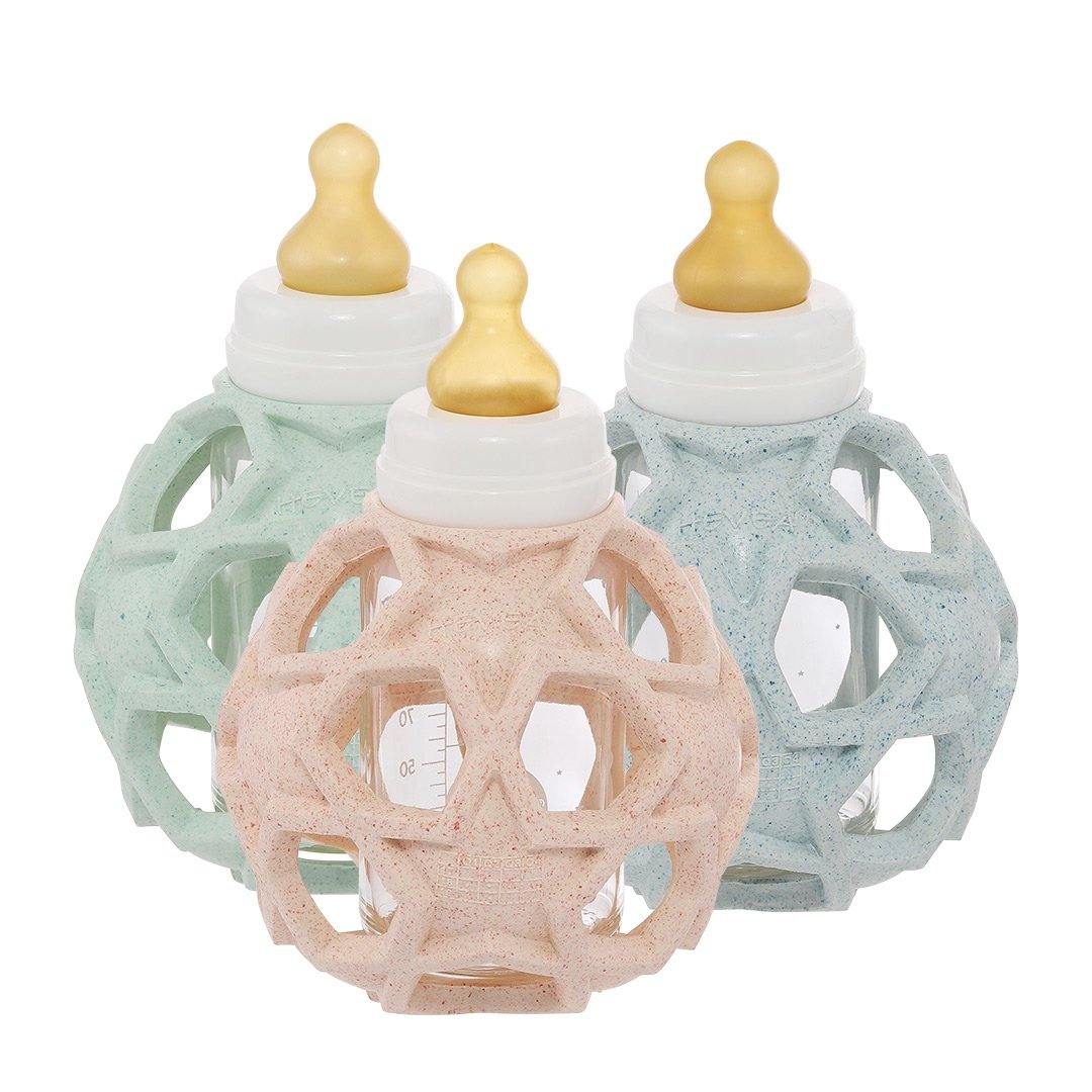 HEVEA 2in1 Glass Baby Bottle with Upcyclyed Coloured Rubber Star Ball - Fudgey Pants